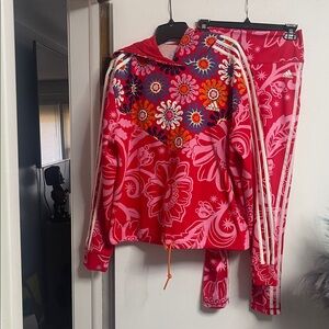 Adidas Floral Red Hoodie and Track Pants Set